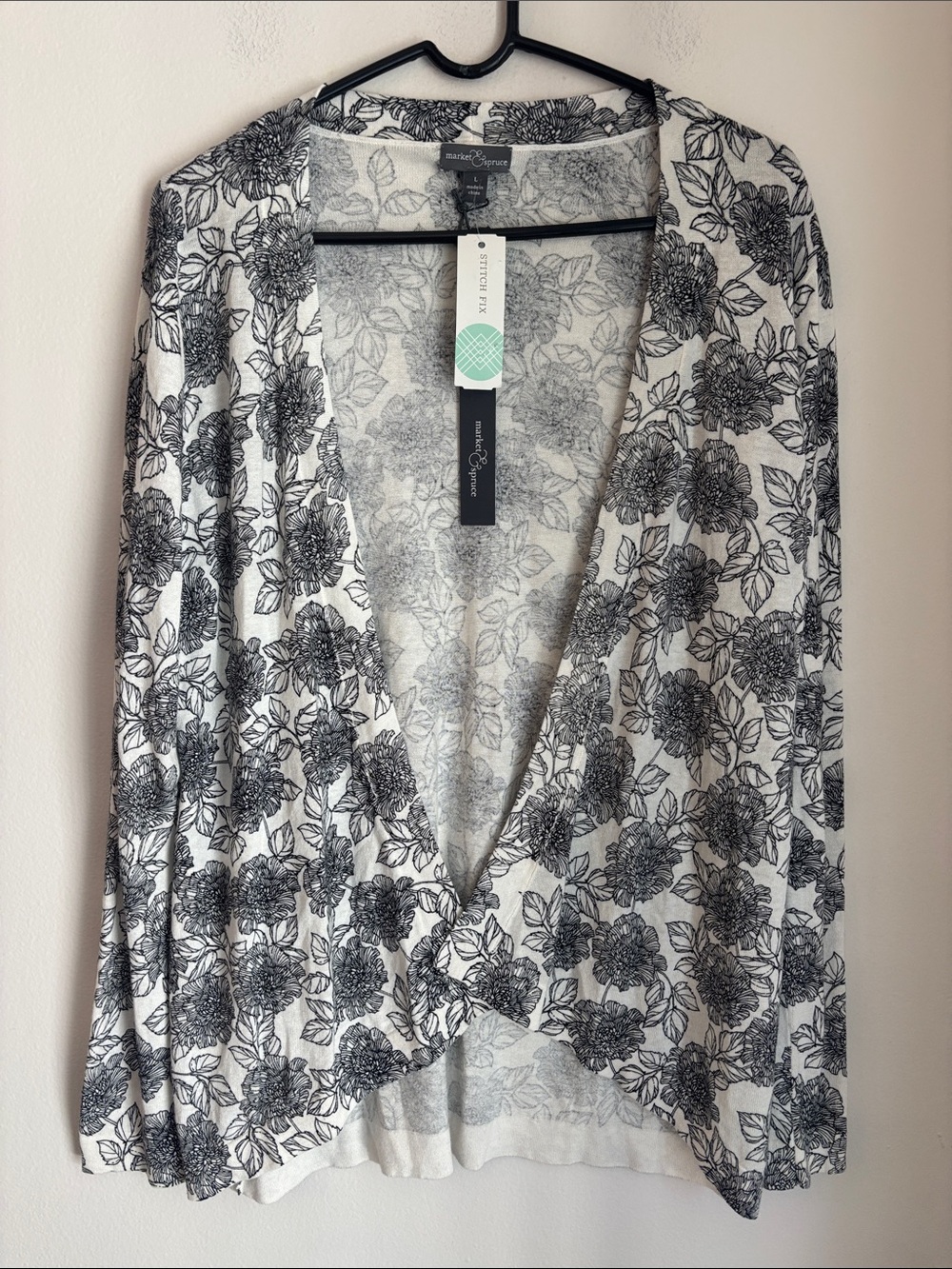 White & Black linen blend floral Open-Front Women's cardigan Sweater large NWT